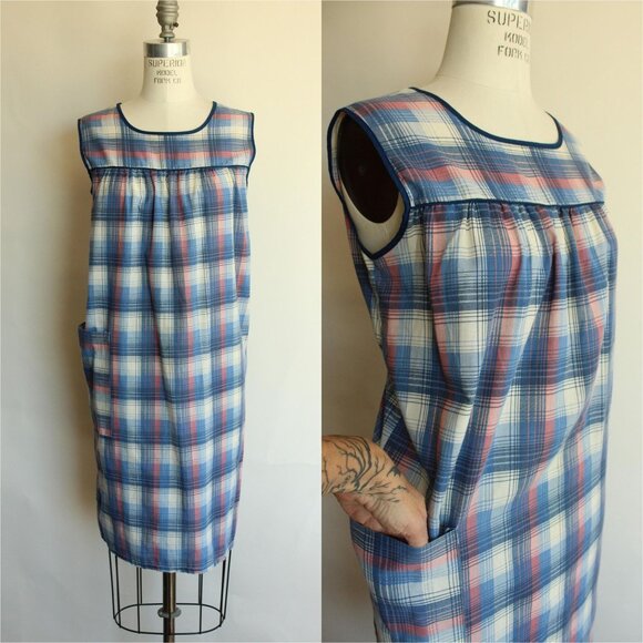 Vintage Dresses & Skirts - Vintage 1970s Shift Dress with Pocket, Volup Blue Tartan Plaid Pinafore Type
